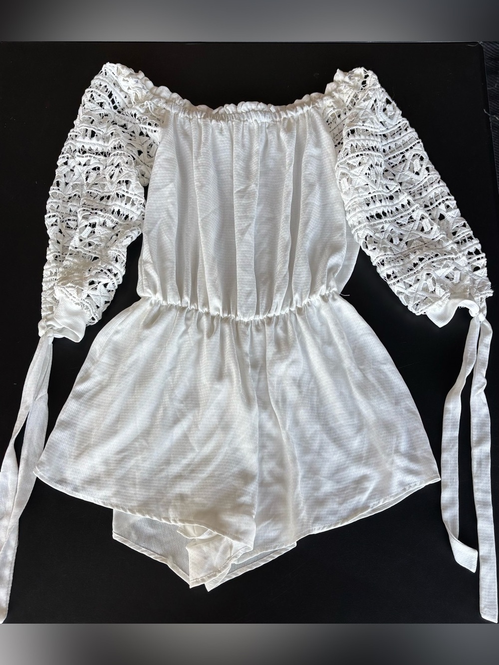 White Crochet-Sleeve Off-Shoulder Romper